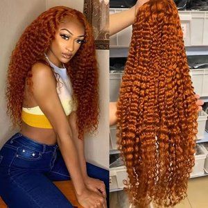 180% 10A Ginger Orange 13x4 Lace Front Human Hair Deep Curly Wig